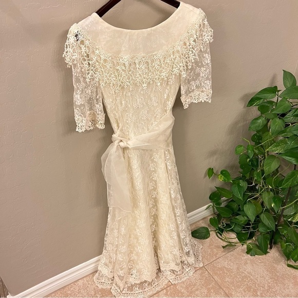 Scott McClintock Vintage lace ivory wedding dress organza silk crochet detail, S - Picture 5 of 17